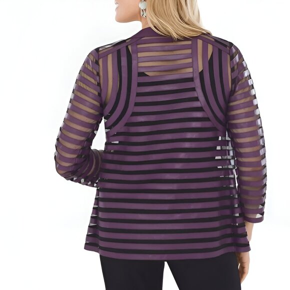 Chicos Travelers Purple Faux Leather Black Mesh Structured Dress Blazer Jacket L - Picture 2 of 9